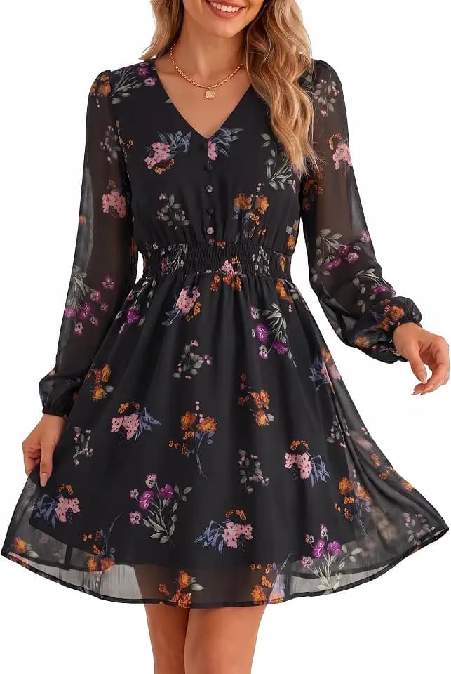 Women Floral Long Sleeve Mini Dress Black