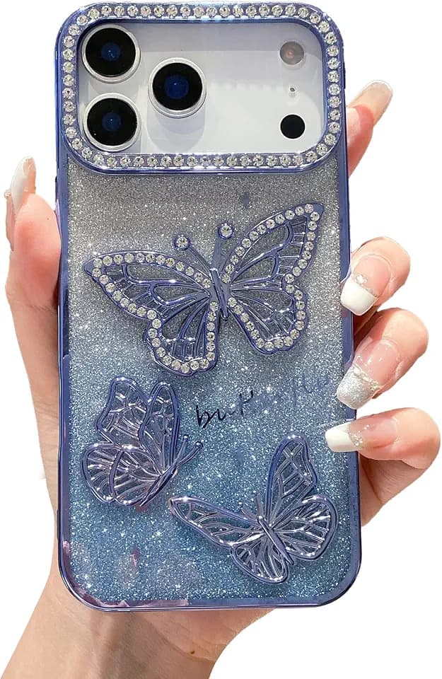 iFiLOVE for iPhone 17 Pro Bling Glitter Butterfly Case (Blue)