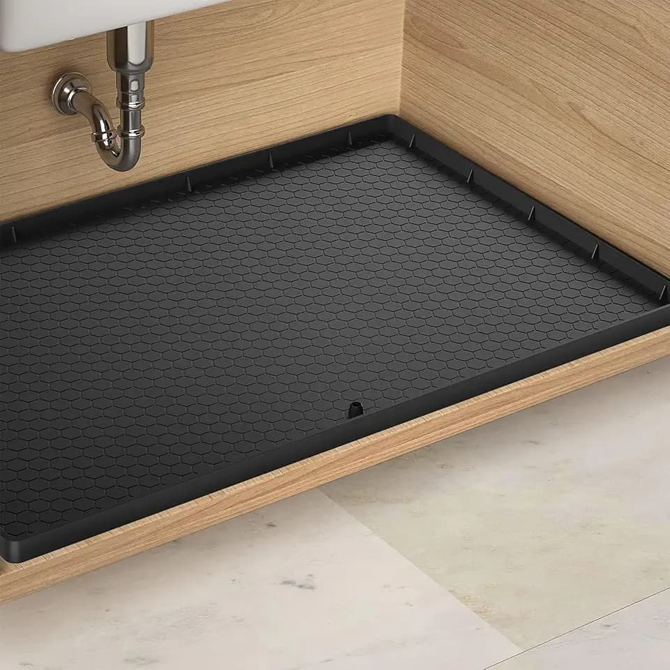 Unterwaschbeckenmatte, 86,4 x 55,9 cm Silikon-Schrankeinlage mit Abflussloch, Wasserdicht und Leicht zu Reinigen, Küchenschrankmatten, Regaleinlage für Küche Badezimmer Bodenwaschbecken