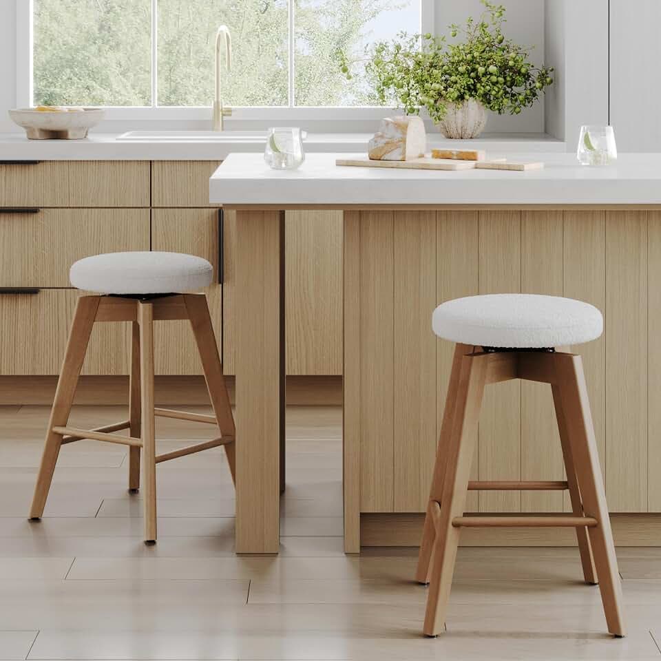 Nathan James Amalia Bohemian Swivel Bar Stool, Backless Counter Height Boucle Counter Stool with Solid Wood Legs and Upholstered Seat, White Oak