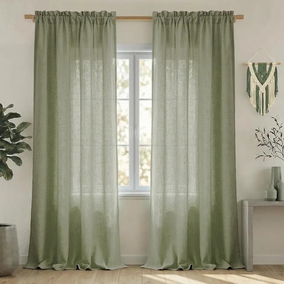 Mrs.Naturall Sage Green Curtains 90 Inches Long for Bedroom 2 Panels Set Rod Pocket Light Filtering Semi Sheer Linen Curtains for Living Room Bay Window Boho Farmhouse Decor 52x90 Length