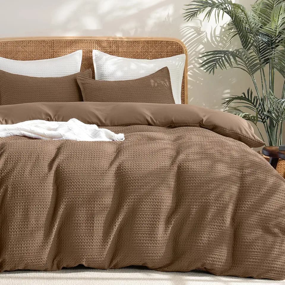 PHF Soft Waffle Duvet Cover King Size- Durable Breathable Waffle Weave Duvet Cover(104"x90") with 2 Pillow Shams, 3 Pieces Luxury Textured Bedding Set for All Season, Mocha