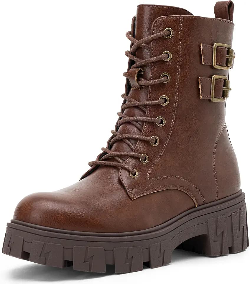 Vepose Women's Combat Boots Lace-Up Platform Ankle Booties Chunky Heel 9612