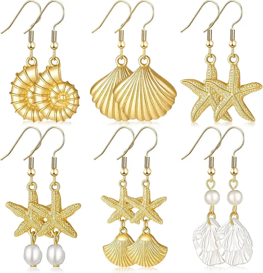 Tondiamo 6 Pairs Starfish Mermaid Earrings Set for Women Gold