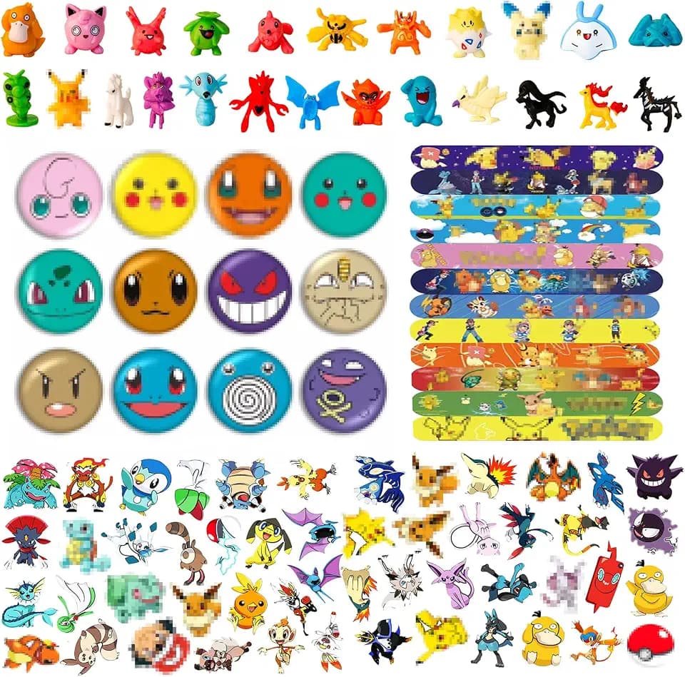 Mitgebsel Kindergeburtstag, 98pcs Geburtstag Gastgeschenke Mitbringsel Set mit Minifiguren Schnapparmbänder Button-Abzeichen Aufkleber, Party Kleine Geschenke Give Aways für Jungen Mädchen