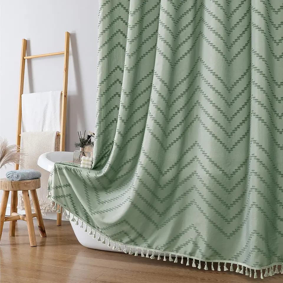 OWENIE Boho Shower Curtain, Sage Green Fabric Cloth Shower Curtains Farmhouse Tufted Chevron Striped Textured with Tassel for Bathroom, Soft Hotel Style Modern Minimalist, Machine Washable, 72x72