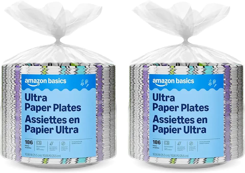 Amazon Basics Ultra Paper Plates, 10 Inch, Disposable, 372 Count (2 Pack of 186), Packaging May Vary