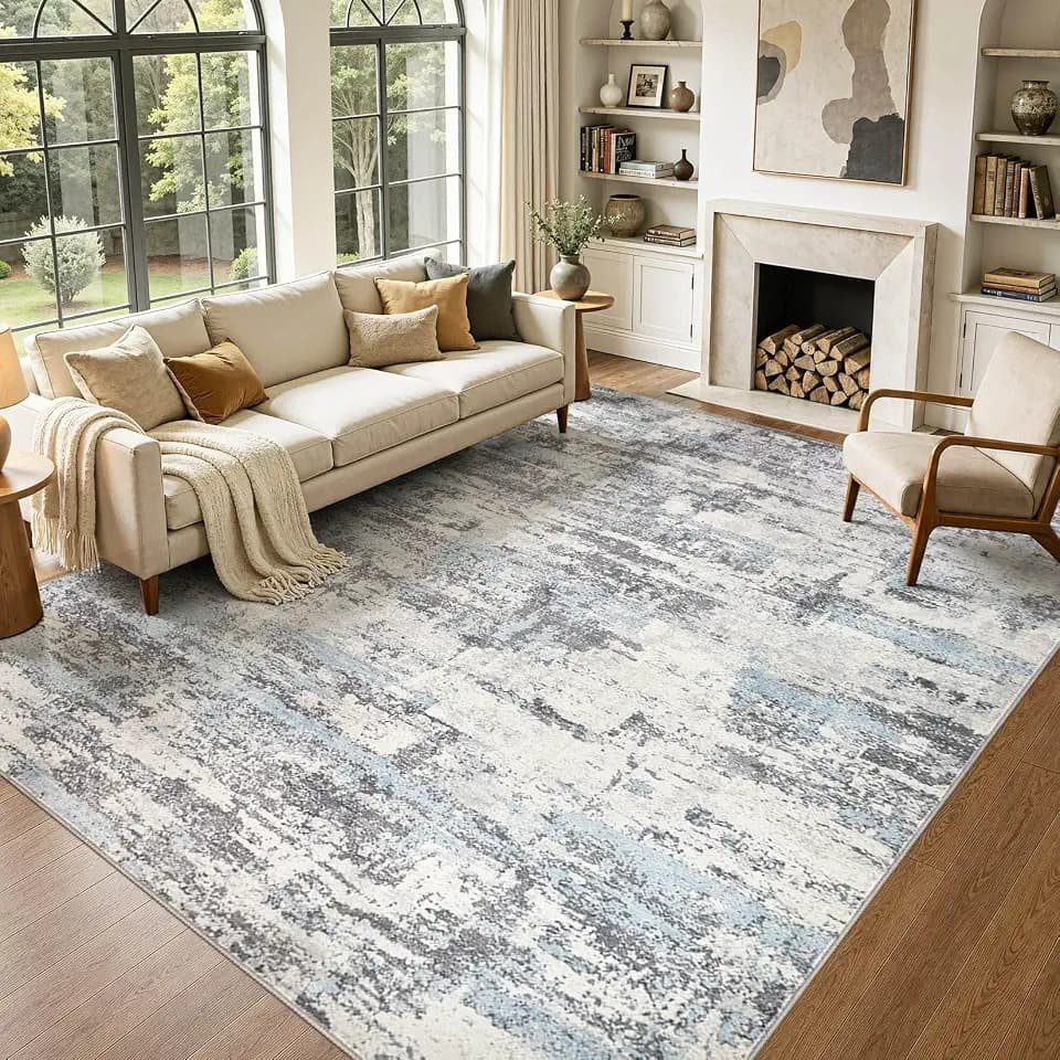 8x10 Area Rugs Living Room Abstract Washable Rug, Blue Grey