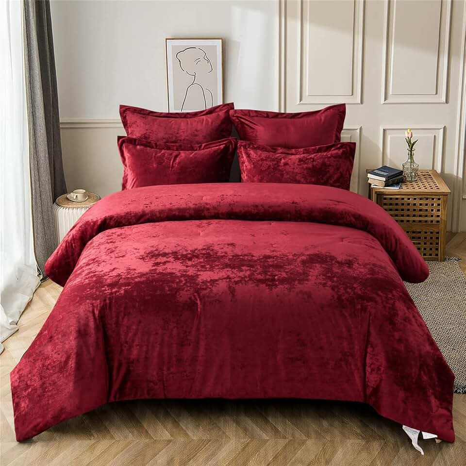 Fredsure Distressed Velvet Comforter Set, 5 Pieces Burgundy Red King, Distressed Velvet Face and Brushed Microfiber Reverse