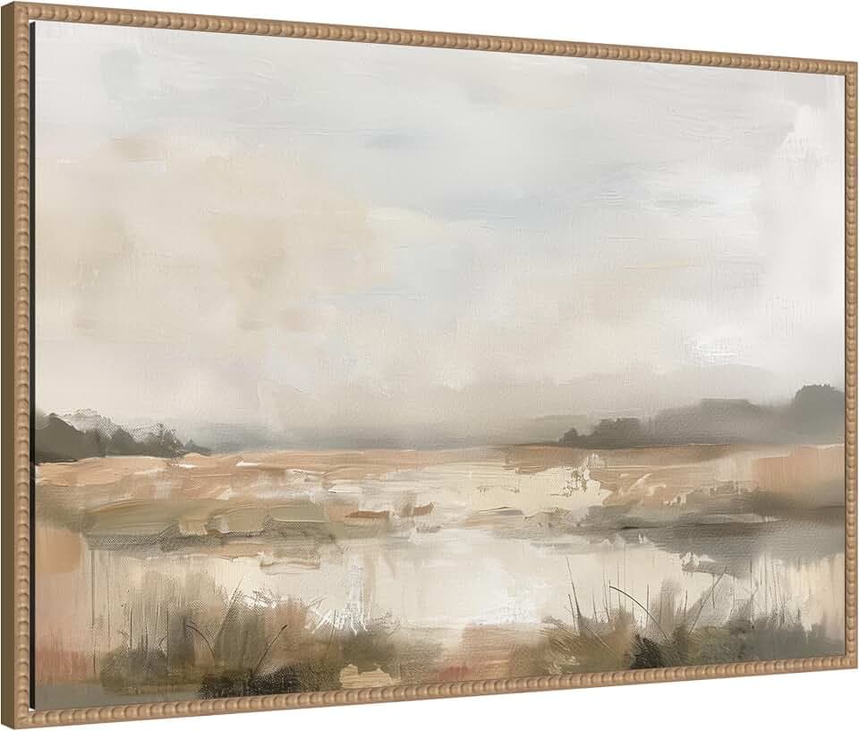 Kate and Laurel Framed Canvas Wall Art Print Neutral Abstract Landscape by The Creative Bunch Studio, 33 x 23 Sylvie Beaded Rustic Natural Frame, Modern Contemporary, Landscape Art for Wall Decor