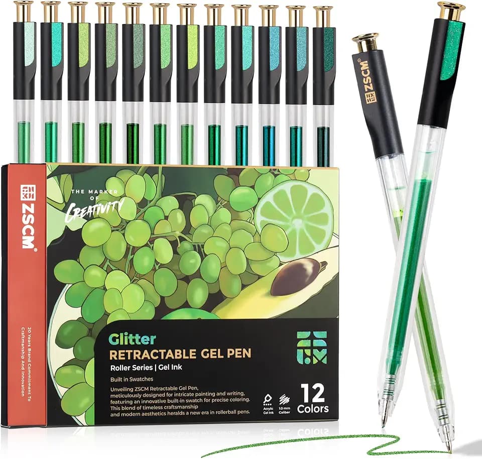 Green Retractable Glitter Gel Pens, 12 PCS Large Capacity Metallic Ink Pen