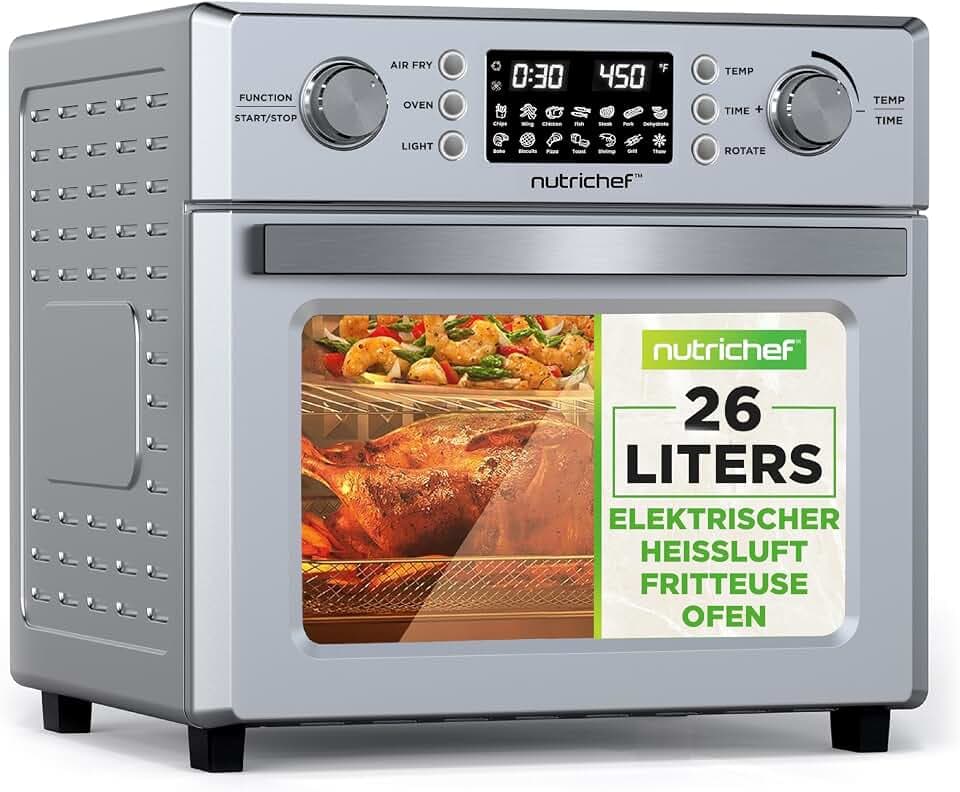 NutriChef Heißluftfritteuse 26 Liter Airfryer Ofen mit Drehspieß