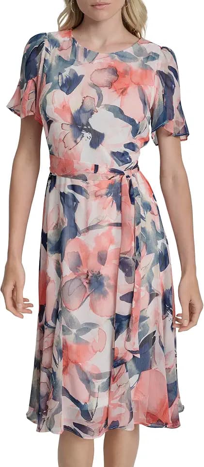 DKNY Women's Flutter Sleeve Round Neck Waist Tie Midi Dress