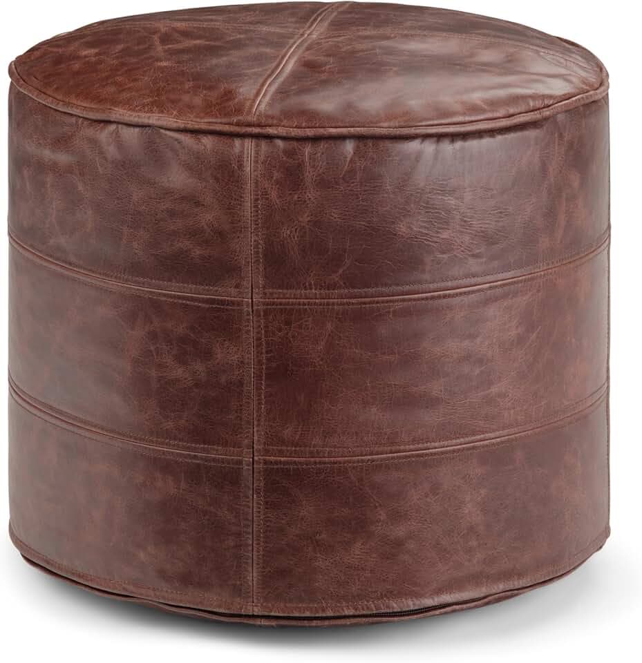 SIMPLIHOME Connor 18" Wide Round Pouf in Distressed Brown Genuine Leather