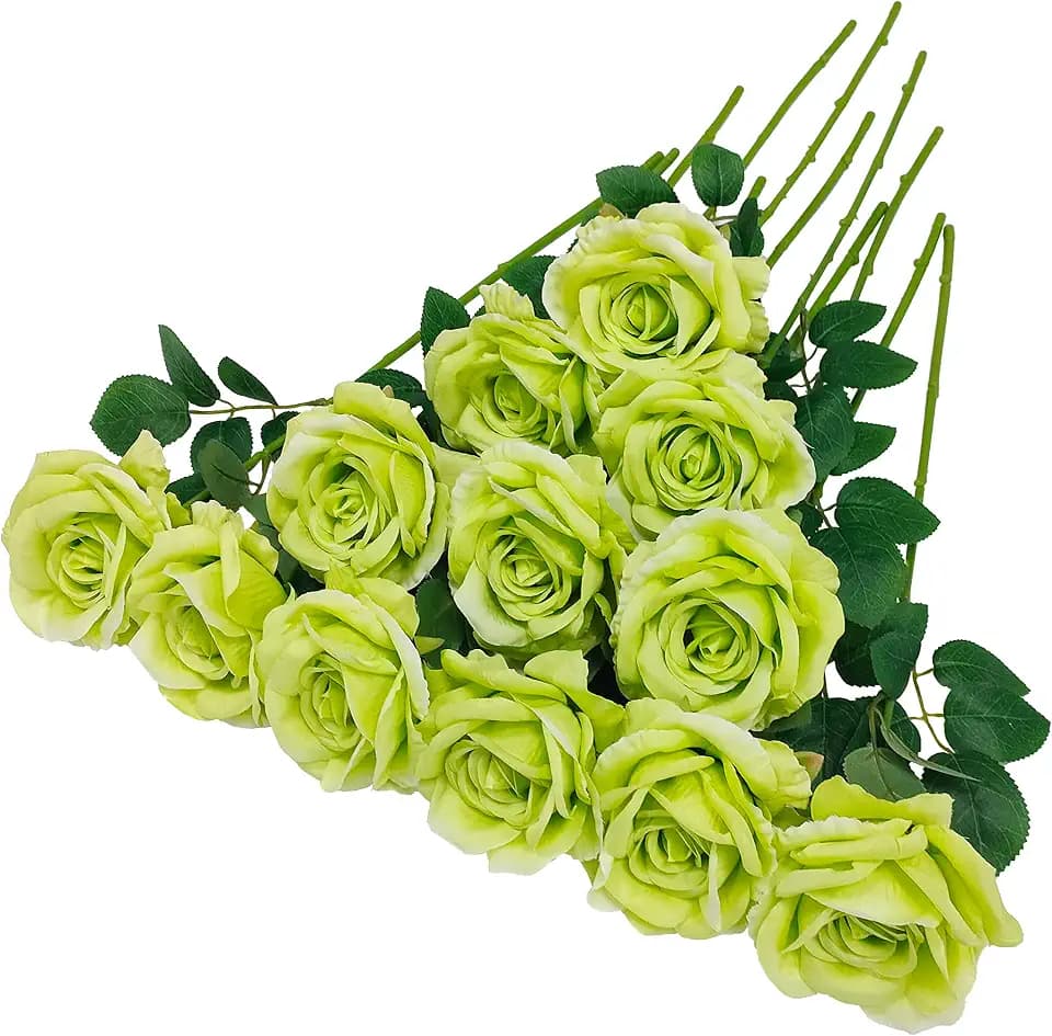 ATFL Light Green Roses Artificial Flowers,12 Pcs Tender Green Fake Silk Roses Bulk,Flower Diameter 4'', Faux Flower with Stems for Home Decorations,Ramos De Flores Artificiales para Decoracion