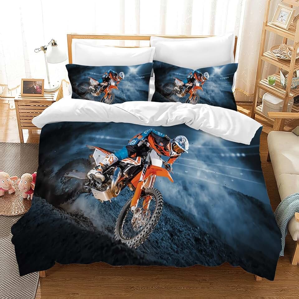 Motorrad Bettwäsche-Set Teens Cool Motorrad Fahrer Betten Set für Kinder Jungen Motocross Thema Bettbezug Set, Microfaser 3 Teilig mit Kissenbezug (135X200cm, Motorrad A)