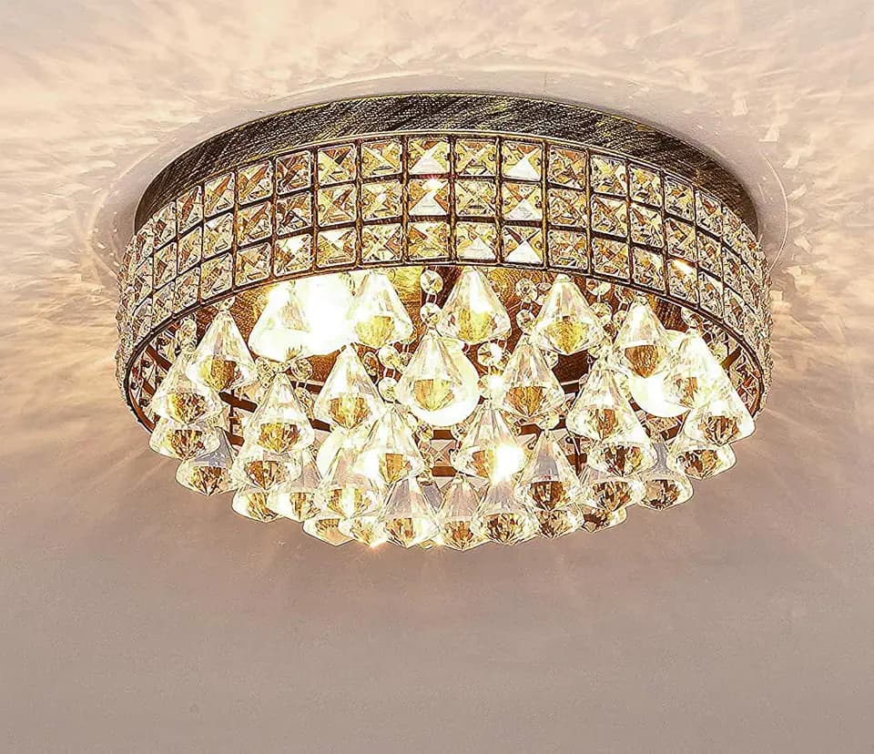 Maxax 4-Light Traditional Crystal Chandelier, Bronze Drum Ceiling Light Fixture with Round Metal Shade & Raindrop Crystals, 15,7" Vintage Flush Mount for Dining Room, Bedroom, Entryway