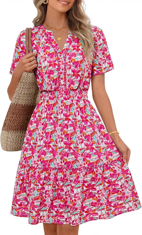 MEROKEETY Women's 2026 Spring Summer Floral Dress V Neck Short Sleeve Button A Line Boho Beach Flowy Vacation Dresses