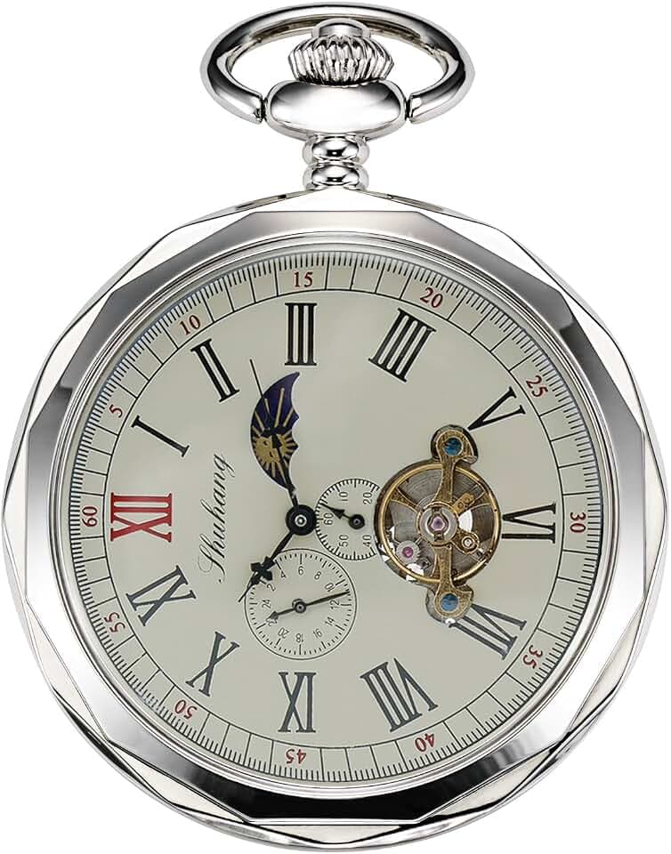 TREEWETO Mechanische Taschenuhr, römische Ziffern, offenes Zifferblatt mit Kette, 24 Stunden, Mond, Sonne + Box