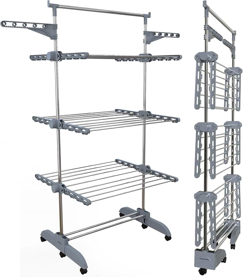PORTENTUM Wäscheständer Turm klappbar 14 cm mit 5 Ebenen und 58 Haken für Kleiderbügel – Bis 40 kg – ständer mit 24 Edelstahlstangen – Für Innen- und Außenbereich – Rollen mit Feststellbremse