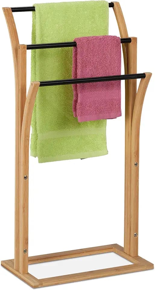 Relaxdays Handtuchhalter, Bambus, 3 versetzte Stangen, H x B x T: 82 x 42 x 24 cm, Handtuchständer Bad, Natur/schwarz