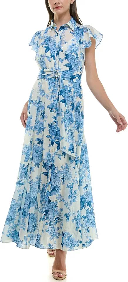 Taylor Women's Floral Flutter Sleeve Collared Button Down Maxi Dress with Waist Tie
