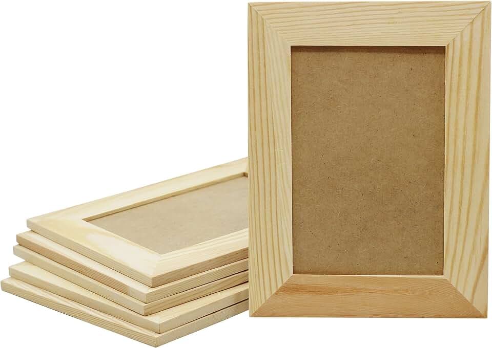 Creative Hobbies Pack of 6 - Unfinished Solid Pine Wood Picture Frames for Arts & Crafts, DIY Painting Project - Stand or Hang on the Wall - (8x6 Frame Size Holds 6x4 Pictures) for Adults and Kids