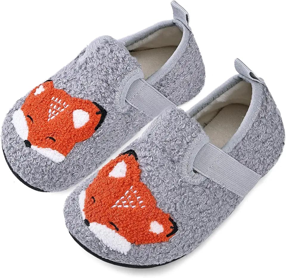 IceUnicorn Kids Hausschuhe Jungen Süße Cartoon-Tier Pantoffeln Winter Warm Plüsch Rutschfest Kinder Hausschuhe (Fuchs Grau,29)