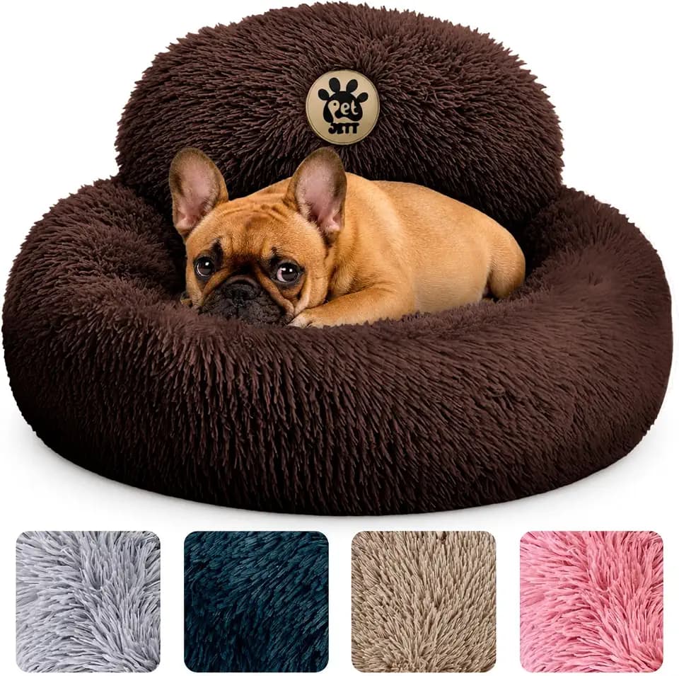 PetJett Calming Dog Bed for Small Dogs – 23" Donut Dog Beds, Anti-Slip & Washable Fluffy Plush Faux Fur Pet Bed, Anti-Anxiety Premium Comfort Round Puppy Bed, Fits Dogs up to 25 lbs – Brown