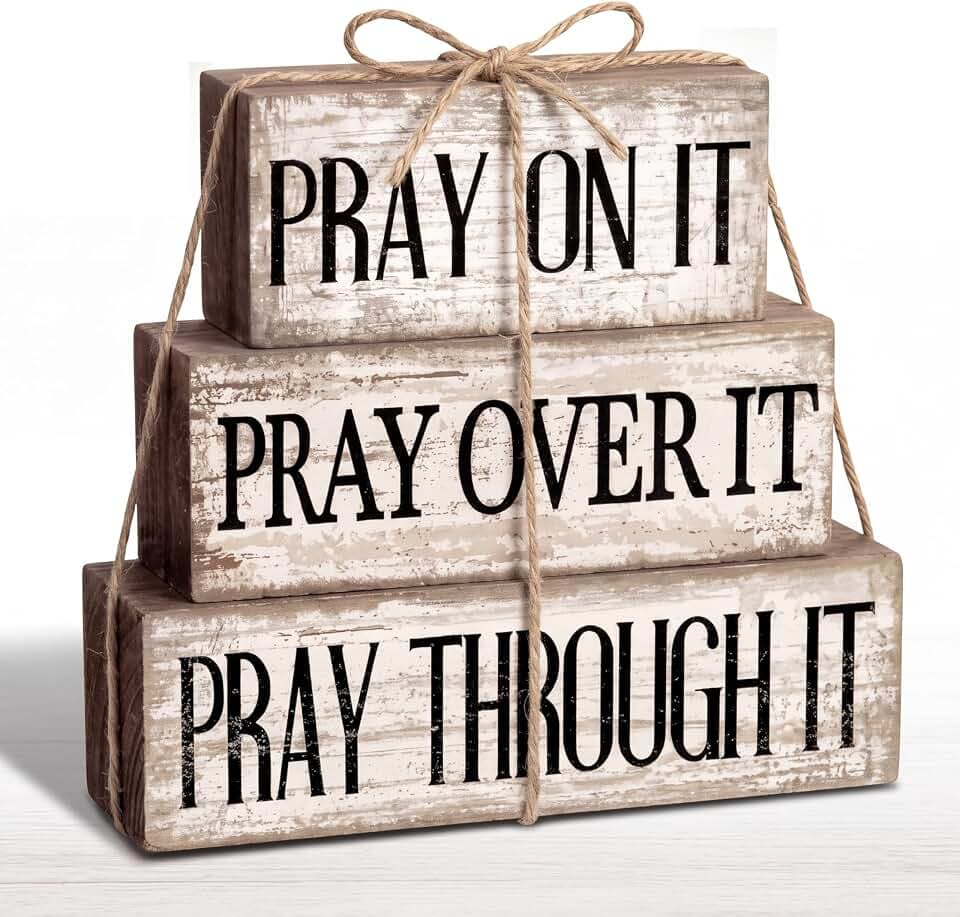 Yuntau 4 Pcs Christian Wooden Block Sign Pray Verse Tiered Tray Decor