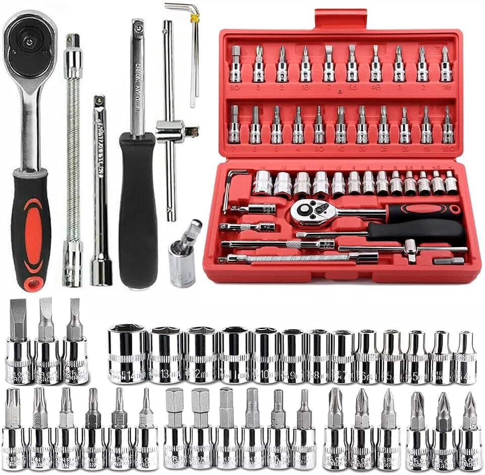46 Pieces 1/4 in. Drive Ratchet Socket Wrench Set with Quick-Release Ratchet,Includes Metric Bit Sockets and Extension Bar for Car Repair and Home Maintenance