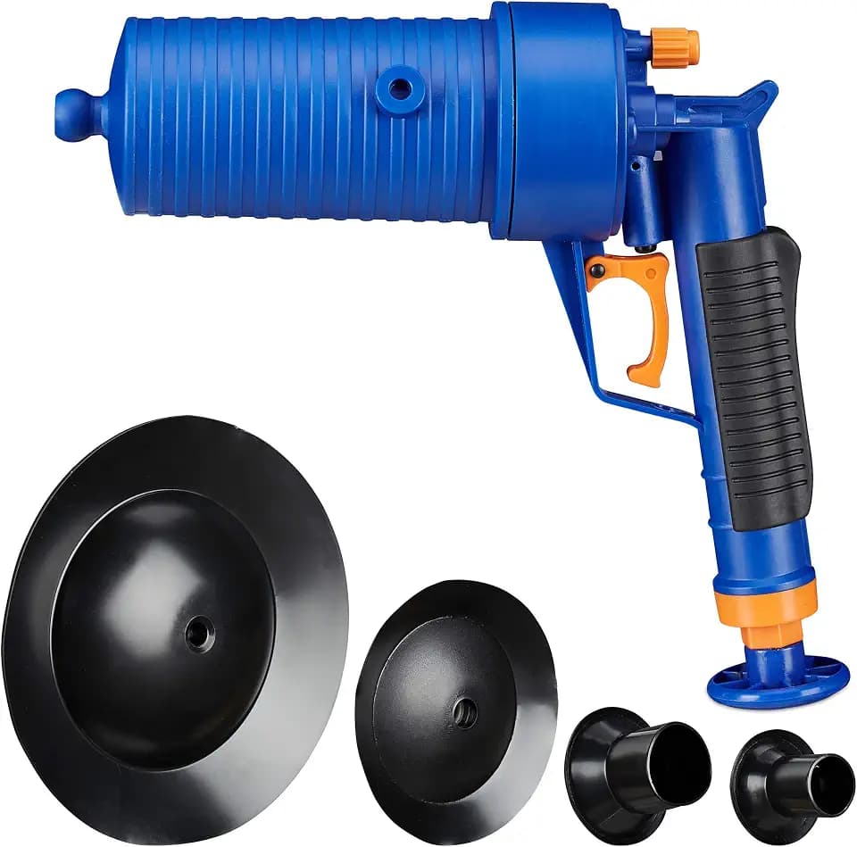 Relaxdays Pressluft Rohrreiniger, für verstopfte Abflüsse, Bad & Küche, 4 Aufsätze, Überdruckventil, Abflusspumpe, blau