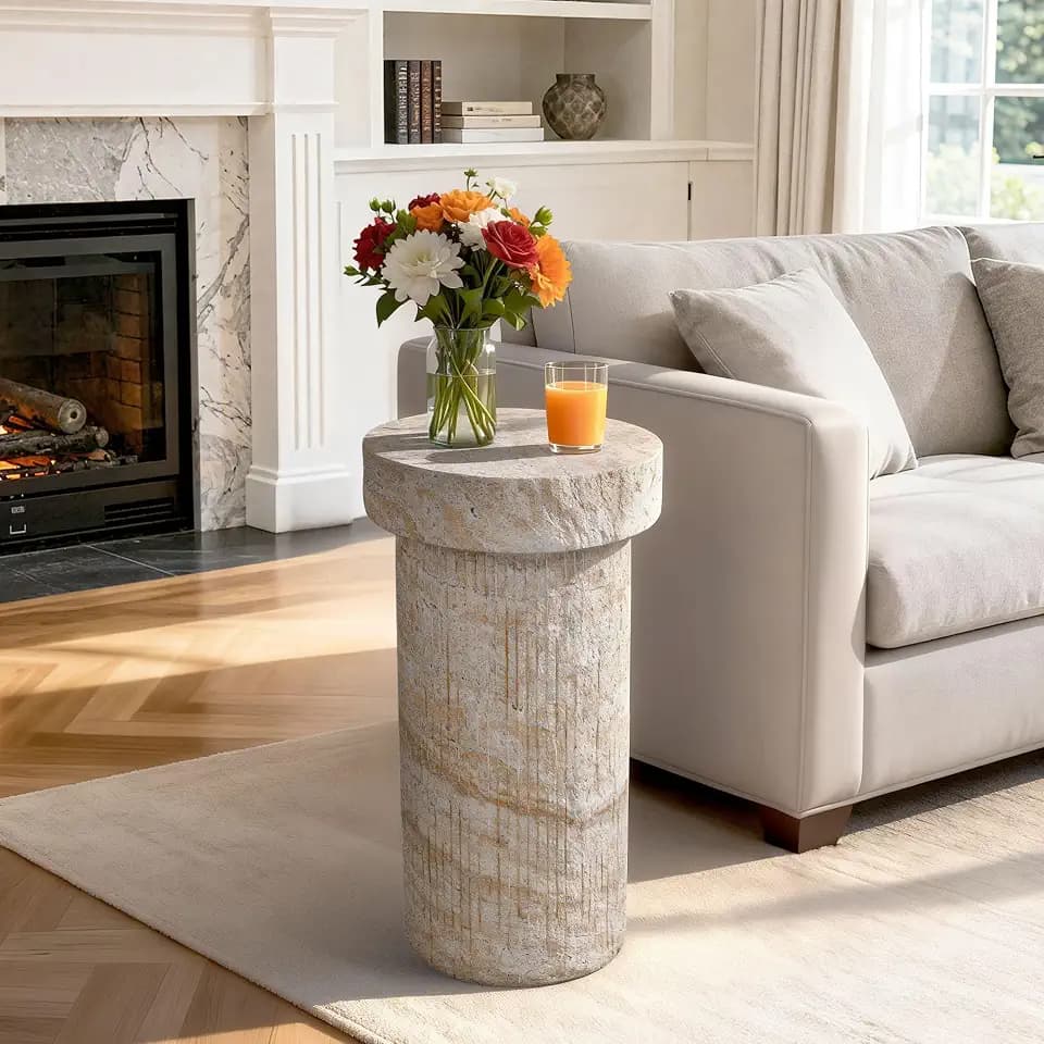 Travertine Side Table, 24 Inch Outdoor End Table, Beige