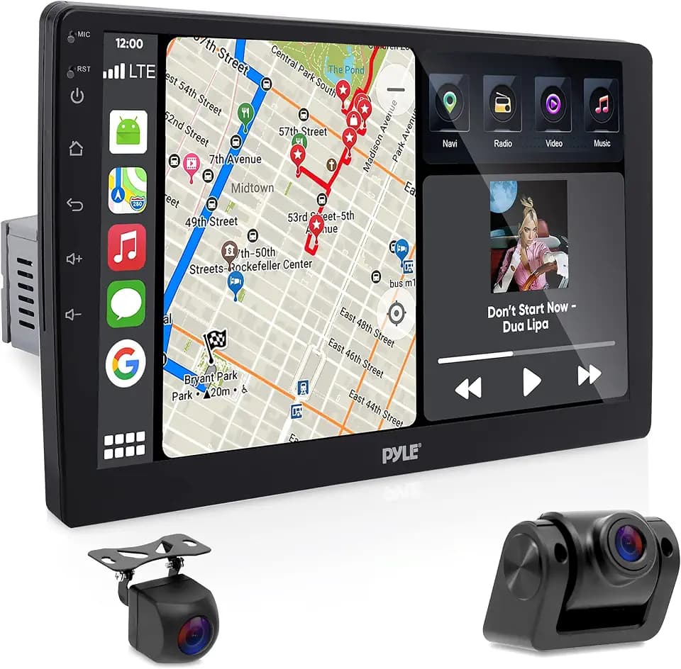 Pyle Single DIN Car Stereo Receiver-10'' 1080P HD Touch Screen Bluetooth Car Radio Audio Receiver Multimedia Player - WiFi/GPS/AM/FM, Mirror Link for Android/iOS, Front/Rear DVR Camera, Dual USB