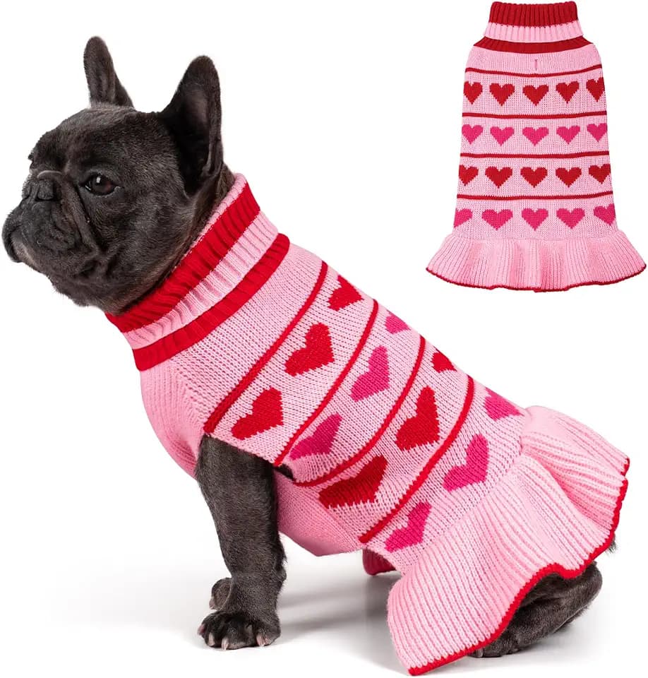 KYEESE Valentines Dog Sweater, Soft Turtleneck Dog Sweaters for Small Dogs, Stretchy Pullover Small Dogs Sweater, Warm Pet Sweaters Dress with Heart Print, Comfy Pet Clothes Coat with Leash Hole, S