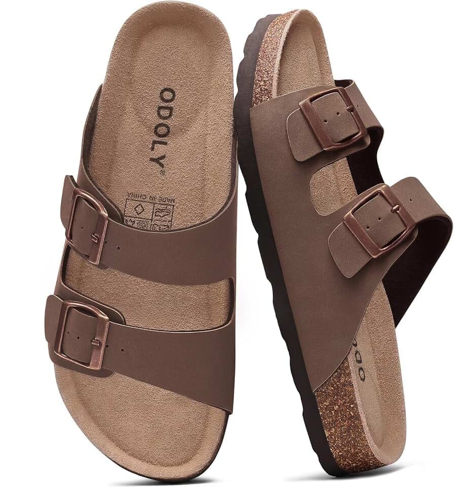 ODOLY Mens Cork Footbed Sandals, Arch Support Slides with Adjustable Buckle