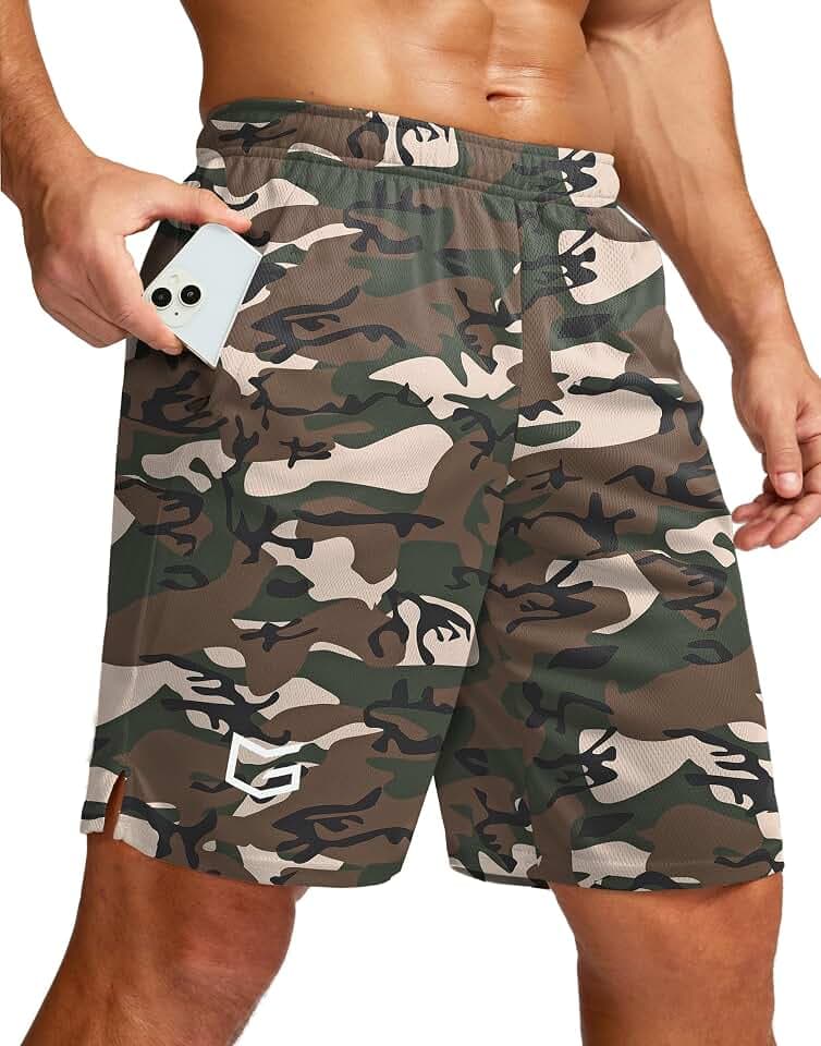 G Gradual Men's 9" Workout Running Shorts with Zip Pockets(Green Camo,M)