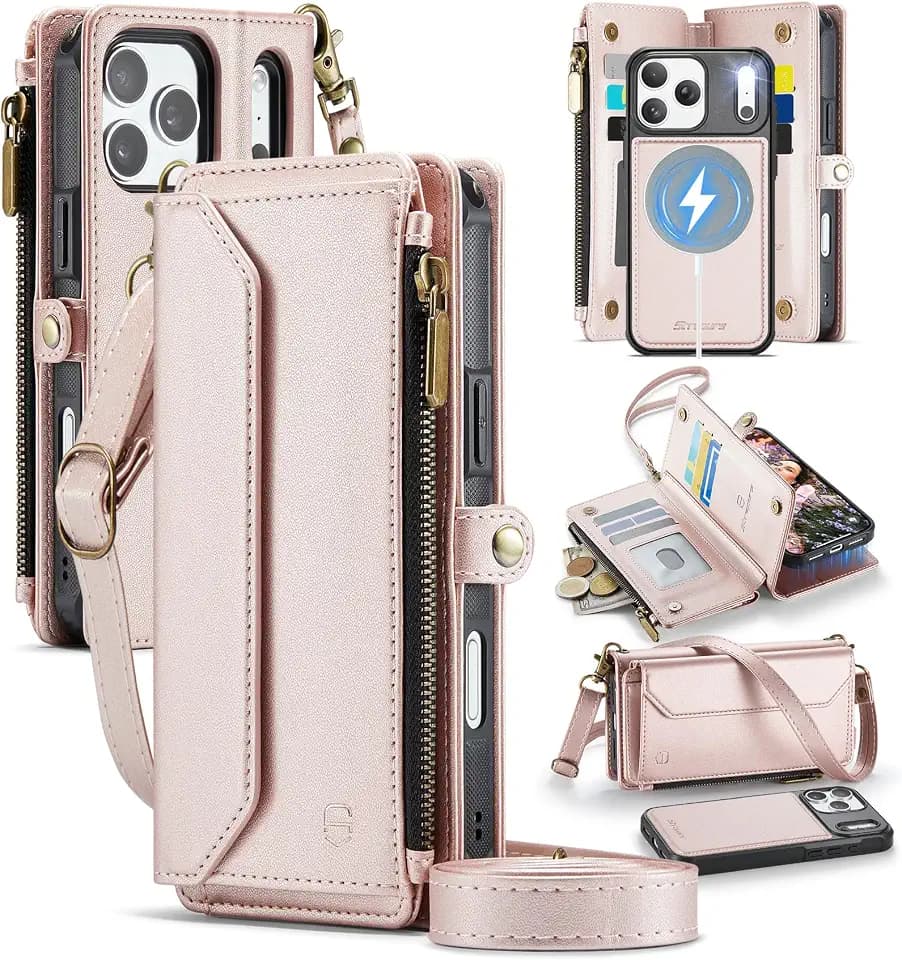 Strapurs for iPhone 17 Pro Max Magnetic Detachable Wallet Case, Rose Gold
