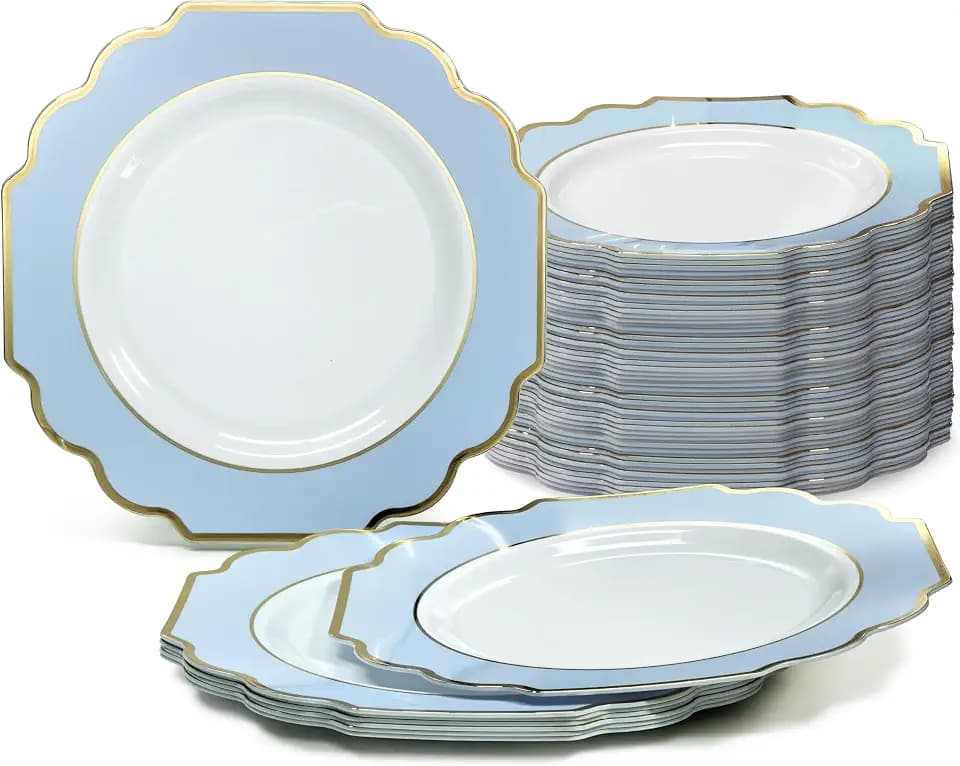 " OCCASIONS " 120 Plates Pack, Heavyweight Disposable Wedding Party Plastic Plates (8'' Appetizer/Dessert Plate, Imperial in White/Blue & Gold)