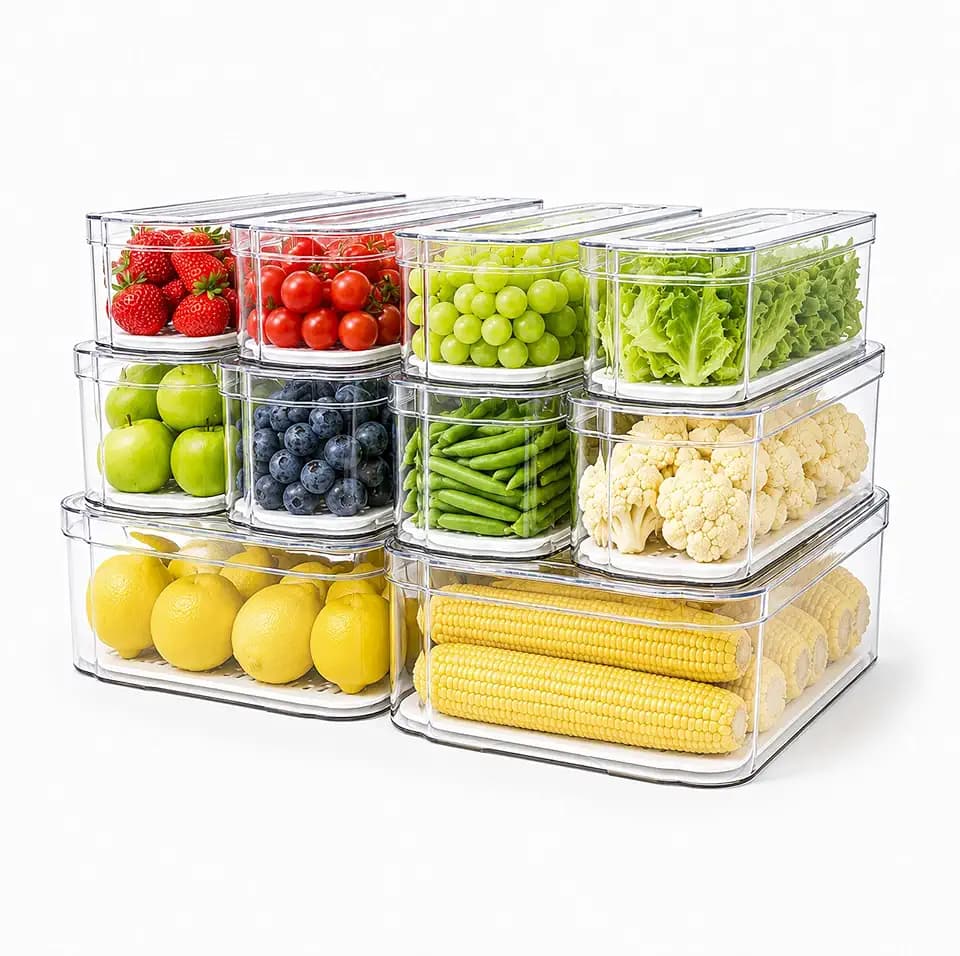SMRCAD 10 Pack Clear Fridge Organizer Bins with Drain Trays - Stackable