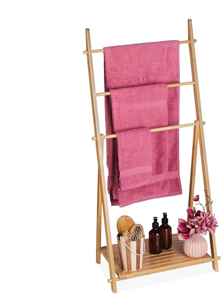 Relaxdays Handtuchleiter Bambus, 3 Stangen, 1 Ablage, Natur
