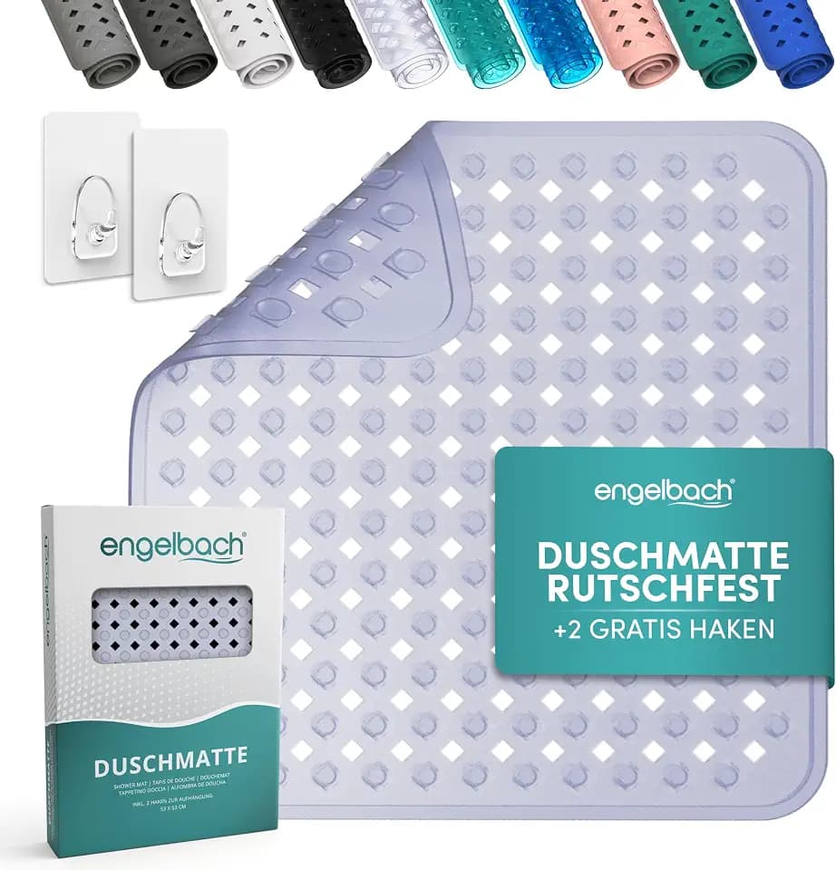 Engelbach® Duschmatte rutschfest 53x53cm inkl. 2 Haken, Transparent