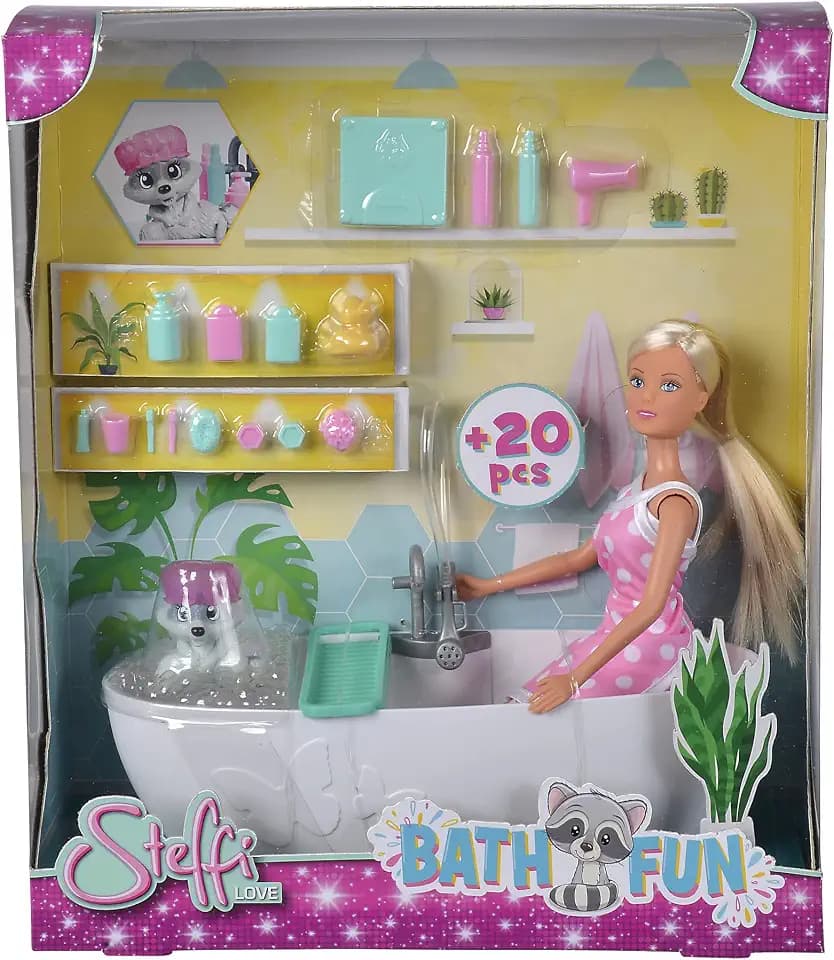 Simba Love Badespaß, Puppe und süßer Waschbär Baden in der Badewanne, mit 2in1 Handtuch, Zubehör, 29cm Spielpuppe, ab 3 Jahren, 105733589