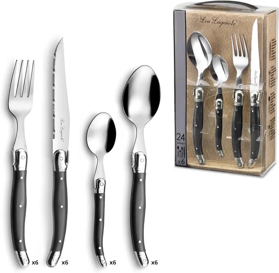 LOU LAGUIOLE TRADITION Steakmesser Besteck Set 24-teilig | Steakbesteck mit Tradition und Stil | Griffe in Anthrazit | Wellenschliff Messer | Grillbesteck Set | Scharfe Messer | Besteck Set 6 Personen