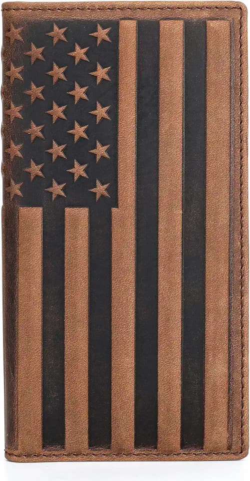 Leather Wallet for Men Embossed USA Flag Checkbook Cover Bi fold Long