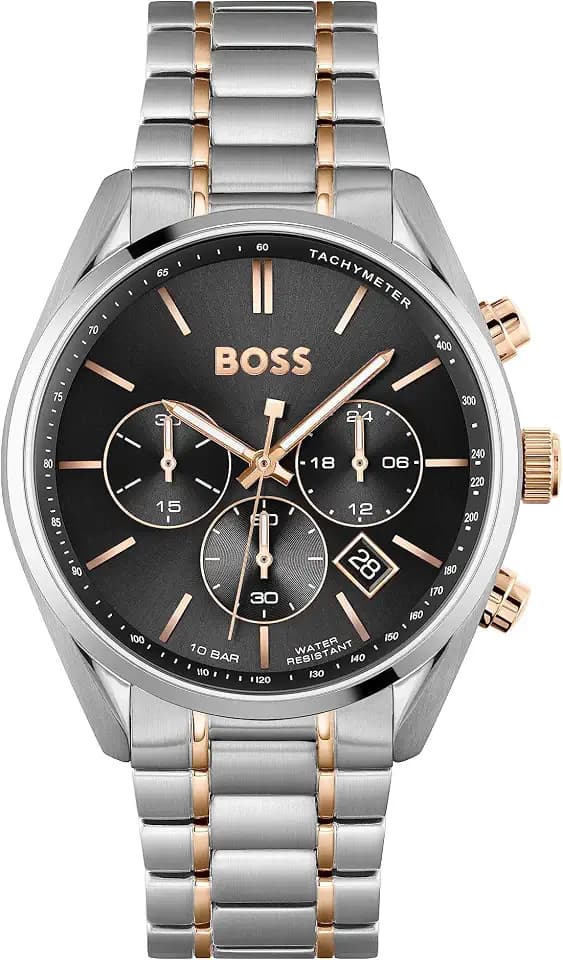 BOSS Herren 44mm Chronograph Quarz Uhr Champion Kollektion mit Edelstahl- oder Lederarmband, Datumsfunktion, 3 Sub-Dials, 10ATM Wasserdichtigkeit
