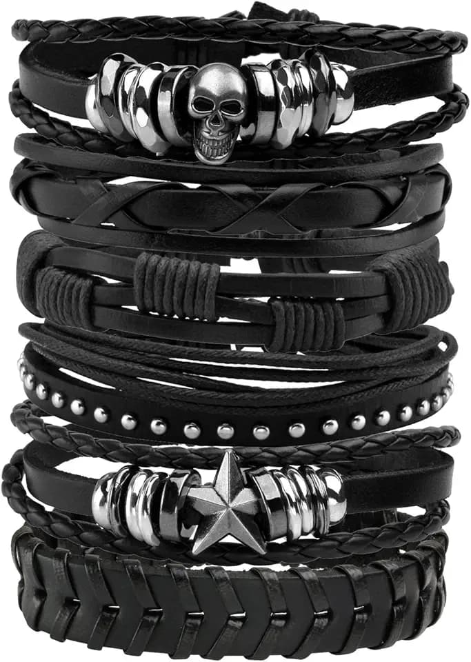 MILAKOO 6Pcs Punk Leather Bracelets for Women Men Braided PU Wristband Skull Skeleton Accessories