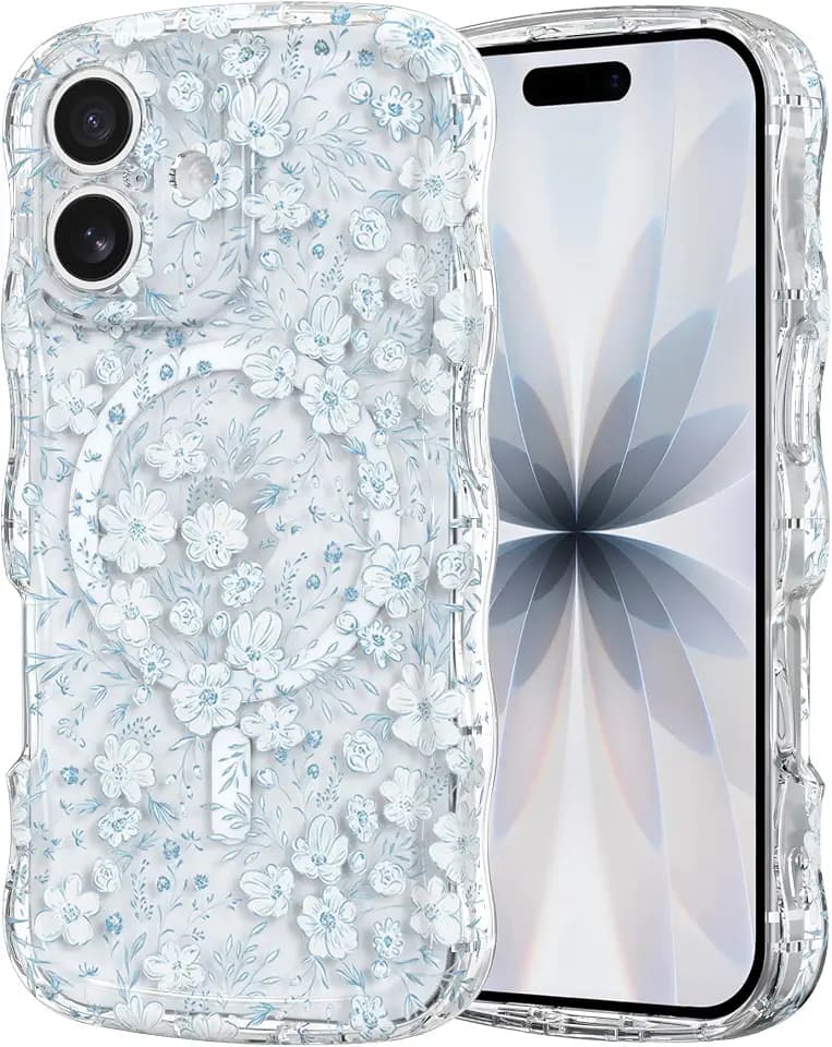 RALEAVO for iPhone 17 Case Cute Floral Magnetic Wavy Case,Blue Flowers