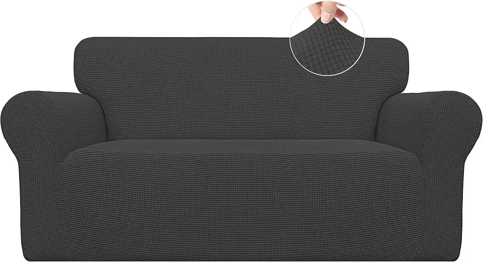 Easy-Going Dehnbarer Zweisitzer-Schonbezug, 1-teilig, Sofabezug, Möbelschutz, Couch, weich mit elastischem Saum für Kinder, Polyester-Spandex-Jacquard-Gewebe mit kleinen Karos (Zweisitzer, Dunkelgrau)