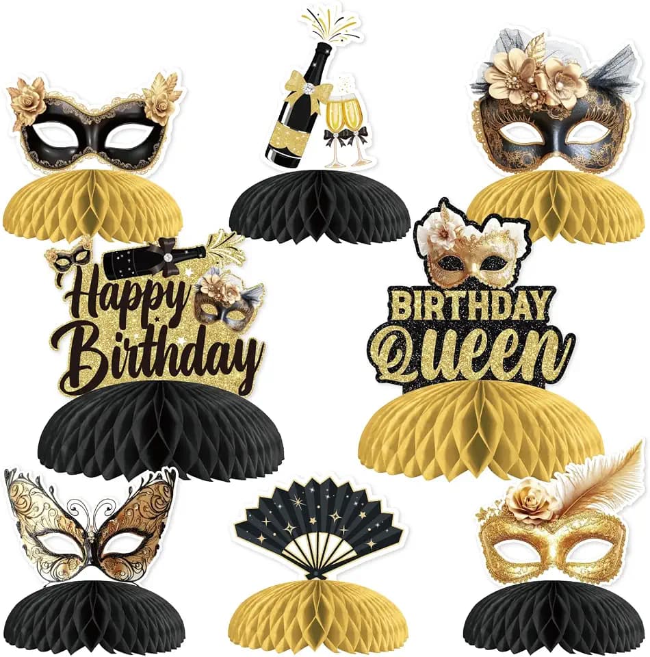 8 Pieces Masquerade Birthday Honeycomb Centerpieces Black Gold - Masquerade Ball Themed Party Decorations for Women, Carnival Dance Table Toppers Photography Background Supplies